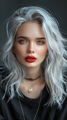 Fototapeta premium Close-up of a woman with a voluminous blonde hairstyle, wearing a black top, looking at the camera.