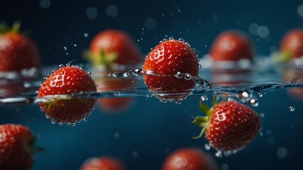 Fresh Strawberries Splashing in Water with Blue Background.