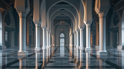 A long hallway with columns and a clock on the wall, perfect for interior design or architecture projects