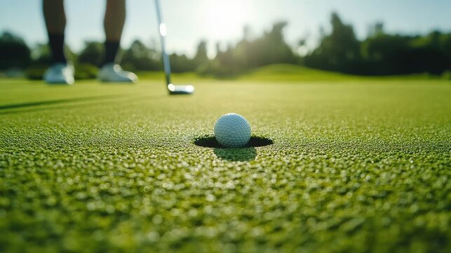 Close-up of a golfer putting on the green, with the ball approaching the hole and a concentration on the golfer face