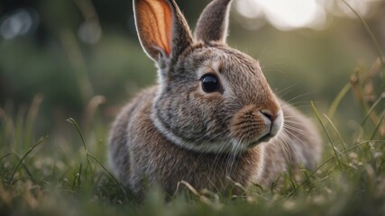 Fototapeta premium A Close-Up of a Grey Rabbit in the Grass.