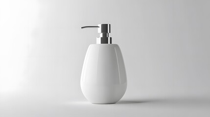 Minimalist Soap Dispenser: A simple, white soap dispenser with a clean design, centered on a white background, with soft lighting to enhance its form.
