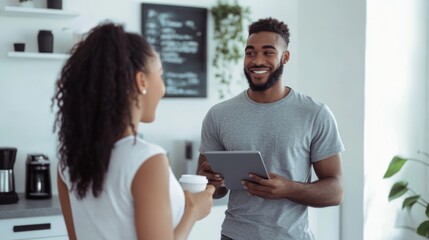 
Gray POLO shirt, gray tablet, a woman with white skin and black hair, a man with coffee talking to each other, smiling, white office 