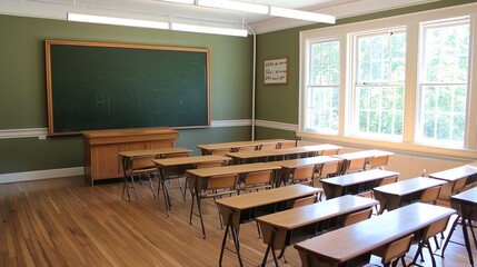 Empty classroom with wooden desks, a chalkboard, and large windows.