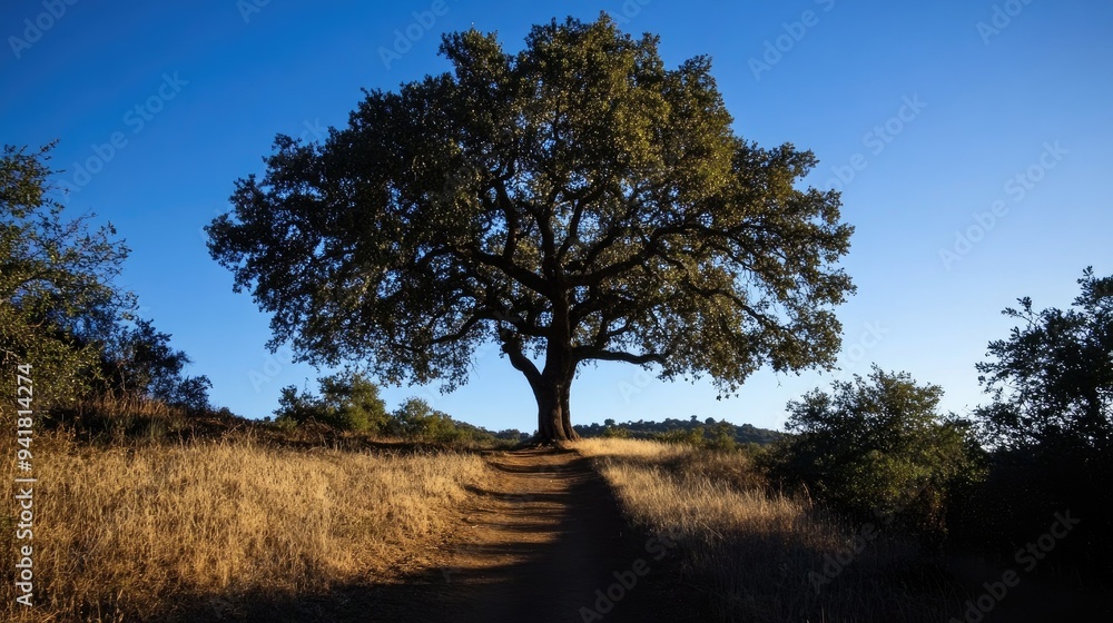 Poster the silhouette of a big tree casting a shadow on a dirt path, with open space for copy