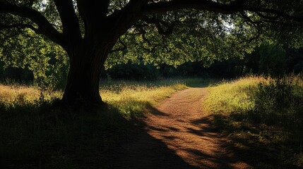 Naklejka premium The silhouette of a big tree casting a shadow on a dirt path, with open space for copy