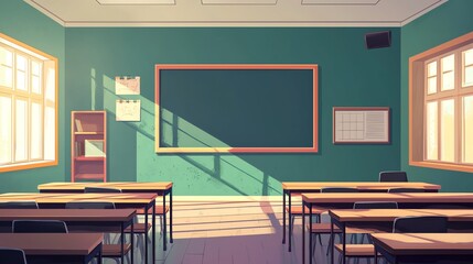 A bright and inviting classroom setting with sunlight streaming in, showcasing desks, a chalkboard, and vibrant wall colors.