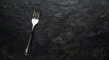 A dark charcoal surface with a single silver fork resting diagonally, the metallic sheen standing out starkly against the background