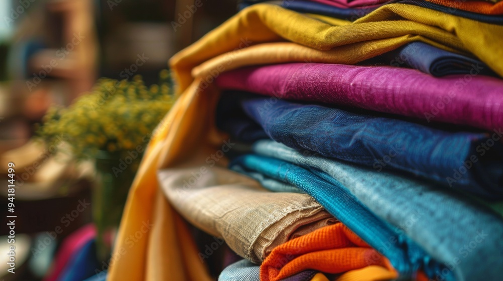 Poster a colorful display of neatly folded textiles in a vibrant fabric store during a sunny afternoon