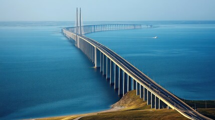 Naklejka premium The spectacular Bridge connecting Sweden and Denm with open space for text in the sea