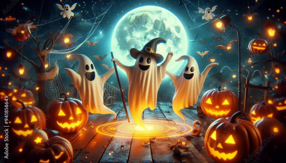 Poster Spooky Halloween Fun with Ghosts and Pumpkins - Three friendly ghosts dance under a full moon, surrounded by glowing pumpkins, creating a festive and whimsical Halloween scene.