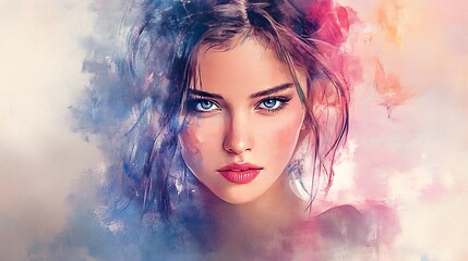 Watercolor Portrait of a Woman with Blue Eyes