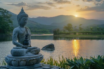 A statue of a person sitting on a rock near a calm body of water