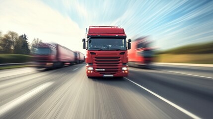 A fast-moving convoy of large trucks on a broad road, captured in motion blur as they speed across the frame.