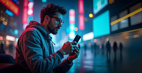 Tech-Savvy Urbanite Engaging with Trending Social Media Platforms - Ideal for Technology and Lifestyle Marketing, tech lifestyle, modern connectivity, virtual interaction,