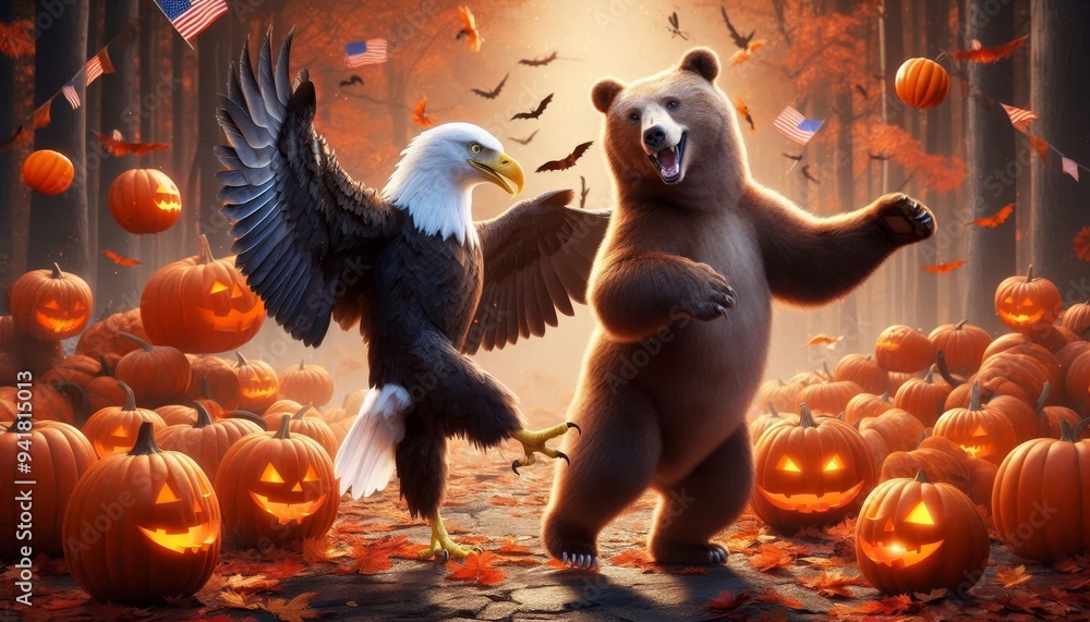 Poster Happy Halloween Bear and Eagle Dancing in Pumpkin Patch - A bald eagle and brown bear are dancing in a pumpkin patch with glowing jack-o-lanterns.  They are both happy and festive for Halloween. Ameri