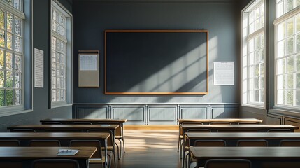 Empty classroom with desks and a blackboard. Sunlight streams through windows, casting long shadows. Perfect for education or learning concepts.