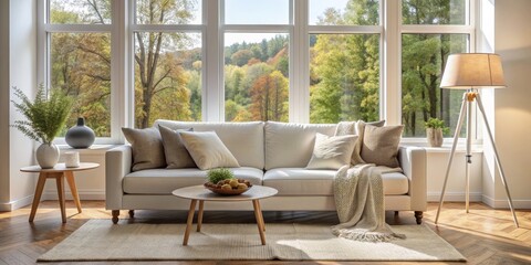Obraz premium Cozy Living Room with White Sofa and Autumn View, interior design, living room decor, home staging, fall decor,