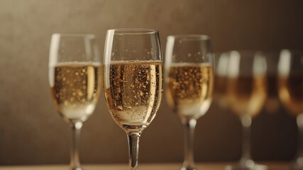 elegant vintage champagne glasses filled with sparkling champagne casting intricate shadows on a light beige surface.