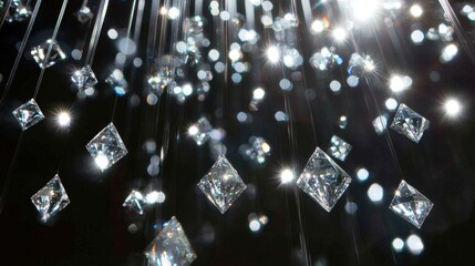 Cascading diamonds falling through the air, sparkling and refracting light in a dramatic, luxurious display.