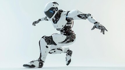 A full-body android robot captured in a playful pose with one leg kicked back and arms outstretched, isolated on a bright background