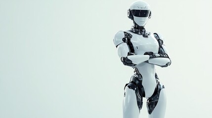 Fototapeta premium A full-body android robot standing with arms crossed and one foot slightly forward, exuding authority, isolated on a bright background