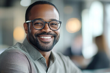 Obraz premium A man with glasses is smiling and looking at the camera