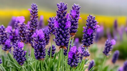  A field of purple flowers in focus against a blurry yellow background and hazy sky