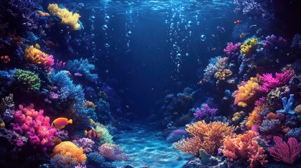 Vibrant Coral Reef with Fish and Bubbles Under the Ocean Surface