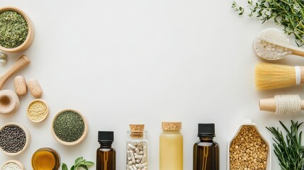Top view of a selection of organic health products in sustainable packaging, with room for copy space in the background.