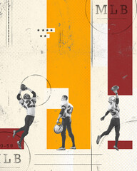 Poster. Contemporary artwork. Football players in action poses, highlighted by vibrant color blocks. Paper texture. Vintage style design. Concept of sport event, championship, betting, game, victory.