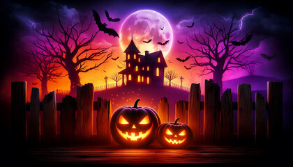Fototapeta premium Halloween background with pumpkins scene featuring a haunted house with glowing windows purple sky and full moon and bats hover above the silhouette of eerie trees
