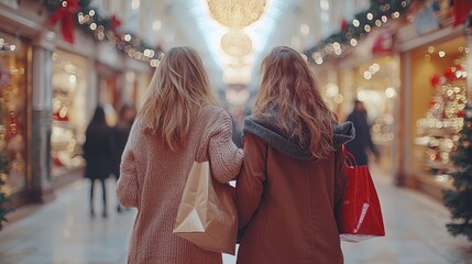 Obraz premium Two friends enjoying a day of Christmas shopping in a beautifully decorated mall