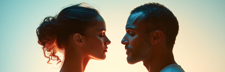 Naklejka premium A man and woman are standing in front of a blue sky