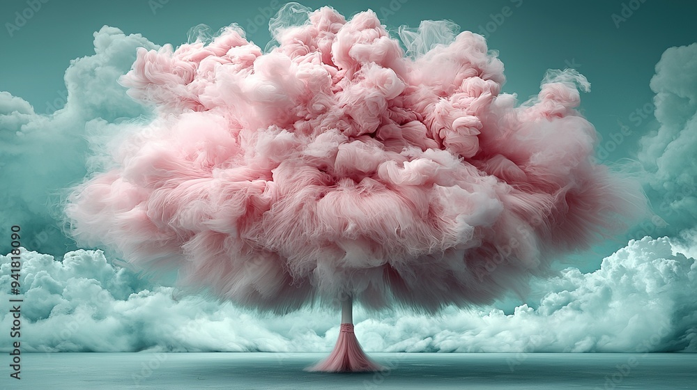 Wall mural large pink tree-shaped cloud in blue sky with background clouds