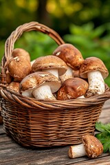Basket with porcini mushrooms on a wood background outdoors. Close up is a rustic wood table. 