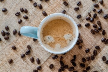A cup of coffee with coffee beans