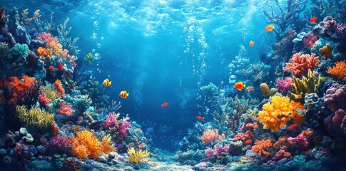 Vibrant Underwater Coral Reef with Fish and Bubbles