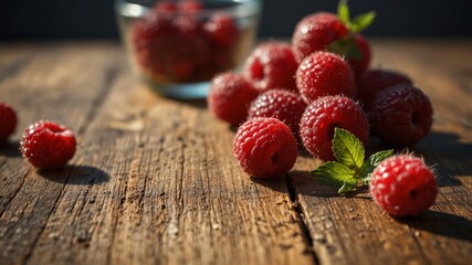 Fresh raspberries and fruits on a wooden table in sunlight.