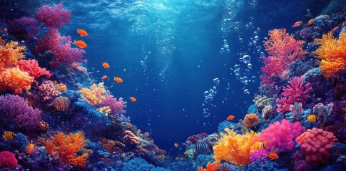 Naklejka premium Vibrant Coral Reef with Colorful Fish and Bubbles