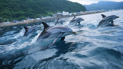 Dolphins leaping out of the water