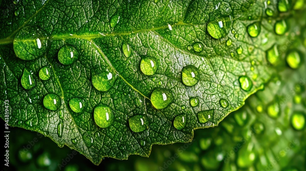 Poster close-up of a leaf with fresh water droplets after a rain, capturing the texture and transparency of