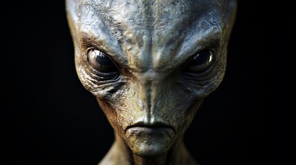 A close-up of an alien with a large head, featuring detailed textures and features that emphasize its otherworldly appearance. 