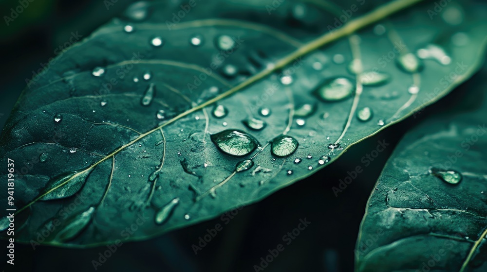 Poster close-up of a leaf with fresh water droplets after a rain, capturing the texture and transparency of