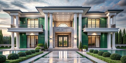 Fototapeta premium Modern Majestic Manor: Sleek architecture, grand entrance, geometric lines, emerald green, white marble