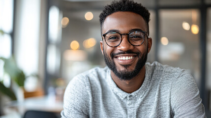 A man with glasses is smiling and looking at the camera