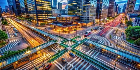 Modern Metropolis Intersection: Cityscape blend with train station, geometric patterns, vibrant colors, urban ambiance