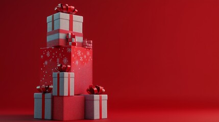 High stack of presents with a red background.