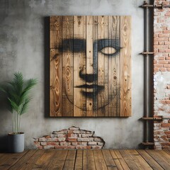 panel painting on wood on rustic wall interior design with minimalist settings