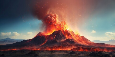 Fototapeta premium A volcanic eruption engulfs the desert landscape.